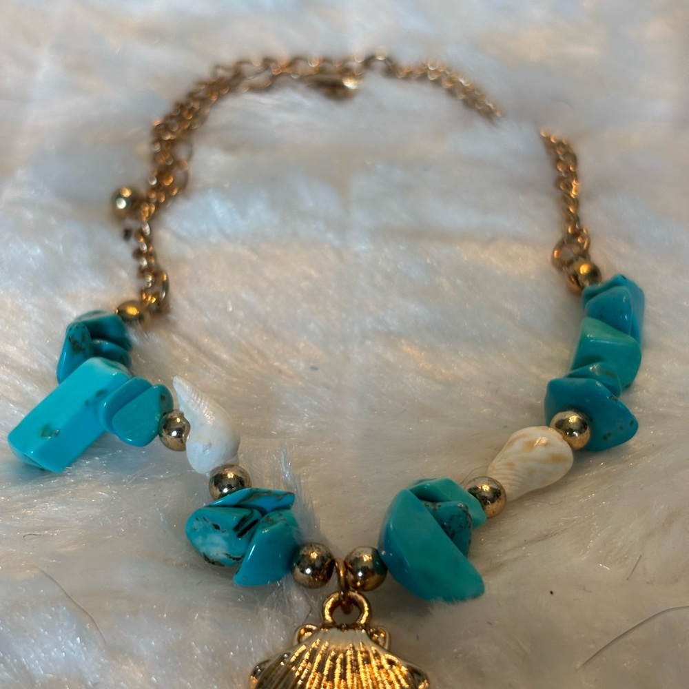 Gold and Turquoise Beaded Ankle Bracelet with Seashell